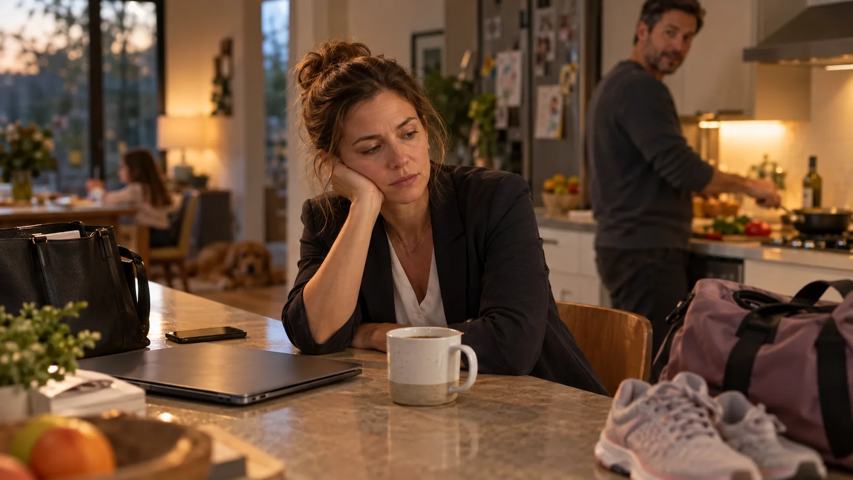 A woman resting her head on her hand at the kitchen counter in the evening, her laptop closed and a coffee mug beside her, while her family carries on around her.