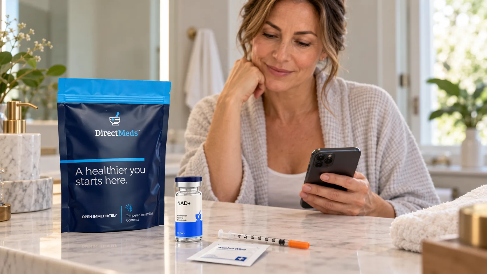 A Direct Meds shipping pouch, an NAD+ vial, a syringe and an alcohol prep pad on a bathroom counter, beside a woman looking at her phone.