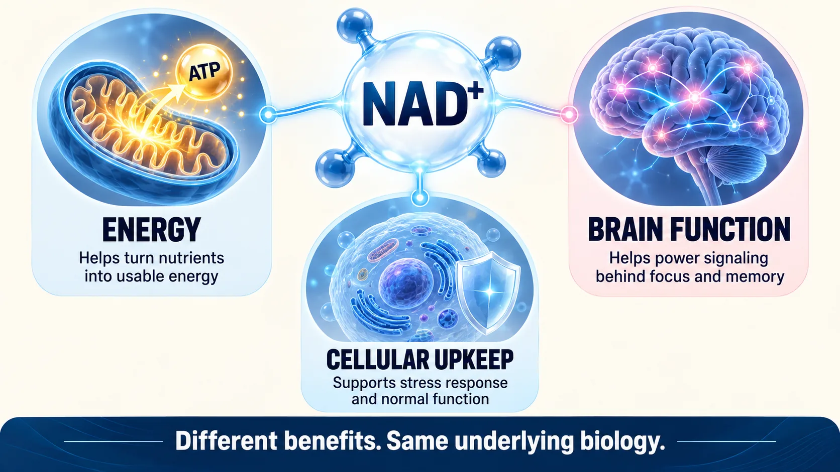 A diagram with NAD+ at the centre linked to three roles: energy, helping turn nutrients into usable energy; brain function, helping power the signaling behind focus and memory; and cellular upkeep, supporting stress response and normal function. The footer reads that the benefits are different but the underlying biology is the same.