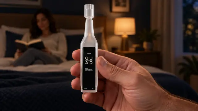 MEDVi QUAD bottle held in the foreground of an advertorial scene