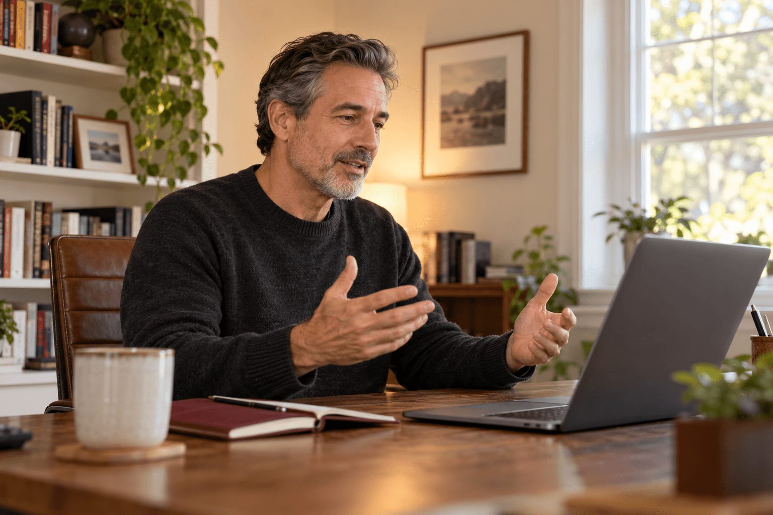 An adult speaks during a remote health consultation in a private room.