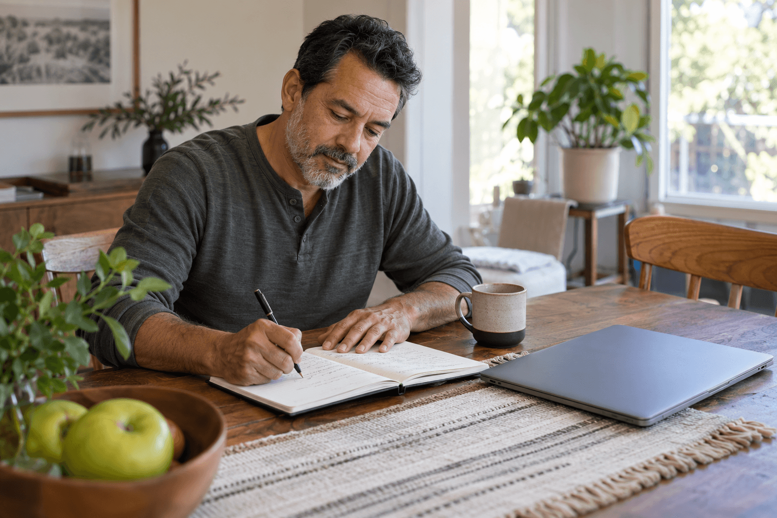 An adult man prepares notes for a healthcare conversation at home.