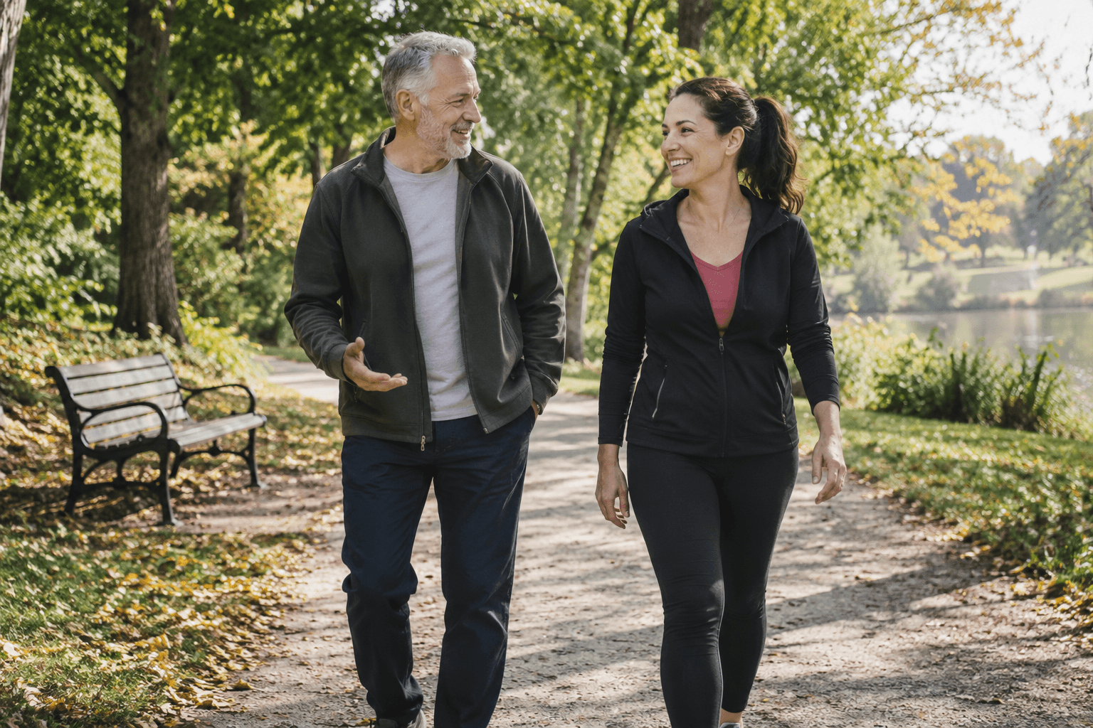 An adult man and woman walk together along a leafy park path.