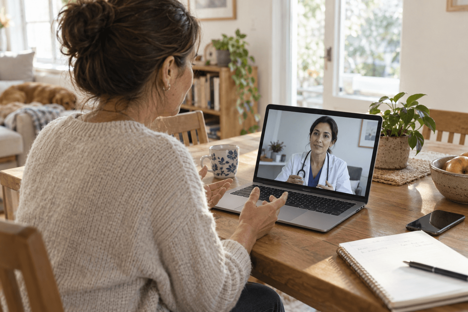 An adult woman talks with a clinician on a laptop from her home.