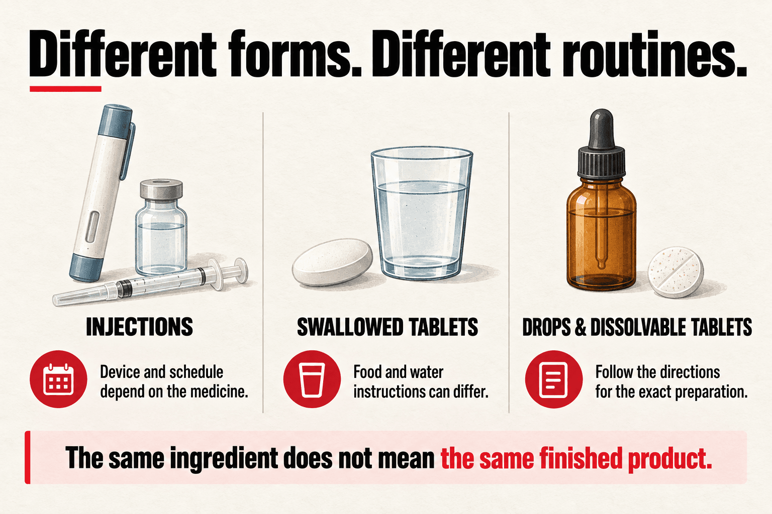 Three illustrated groups show injection devices, a swallowed tablet with water, and drops with a dissolvable tablet. Instructions depend on the exact medicine; a shared ingredient does not establish finished-product equivalence.