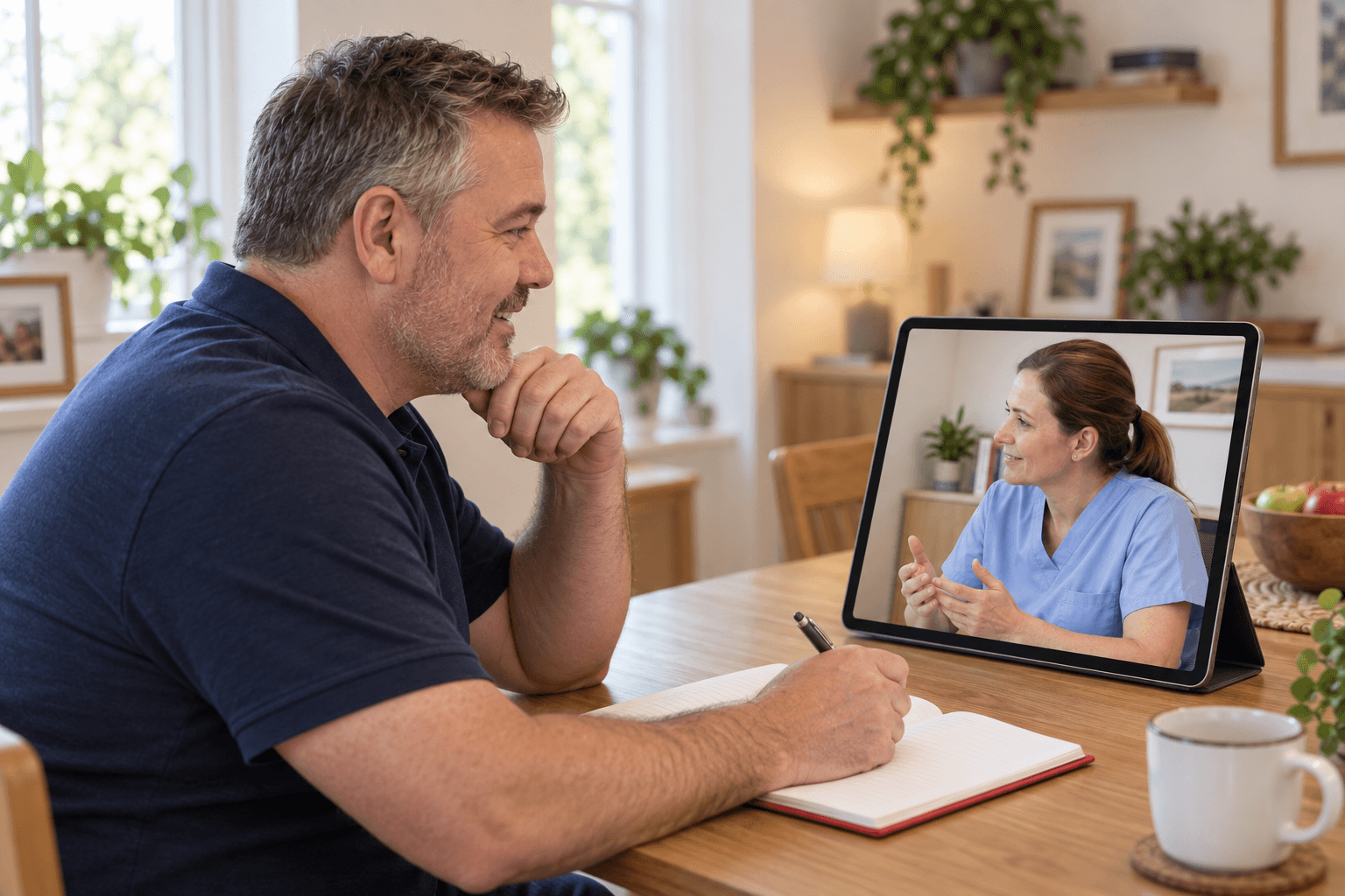 An adult at home discusses health history and treatment goals with a clinician through a telehealth visit.