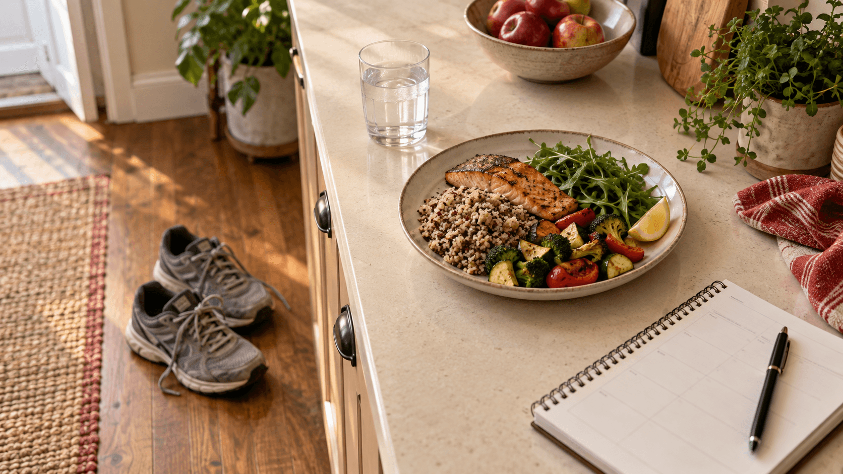 A meal, water, walking shoes and a follow-up planner suggest the everyday context of treatment.