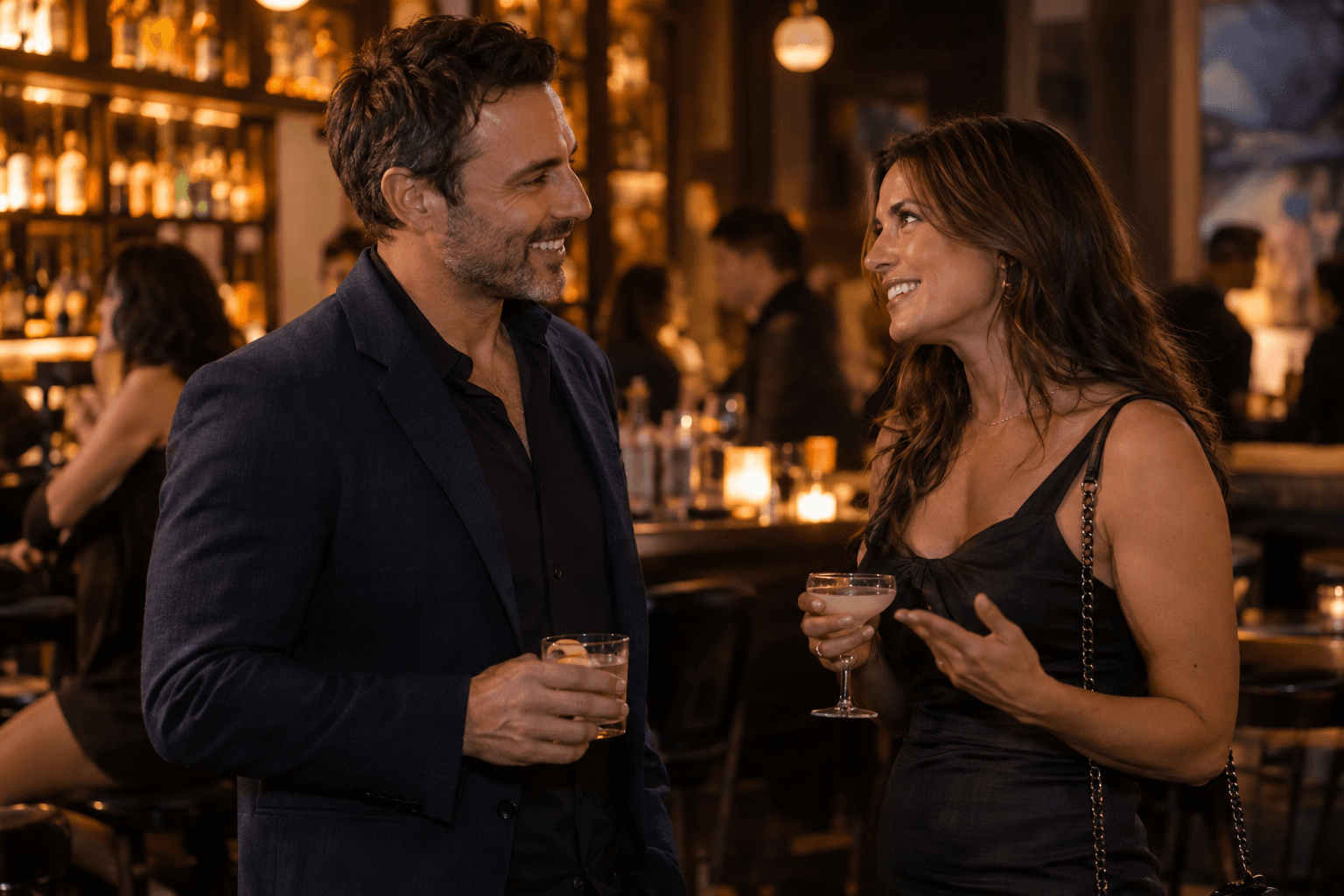 A man holding a cocktail enjoys conversation with a woman at a bar.