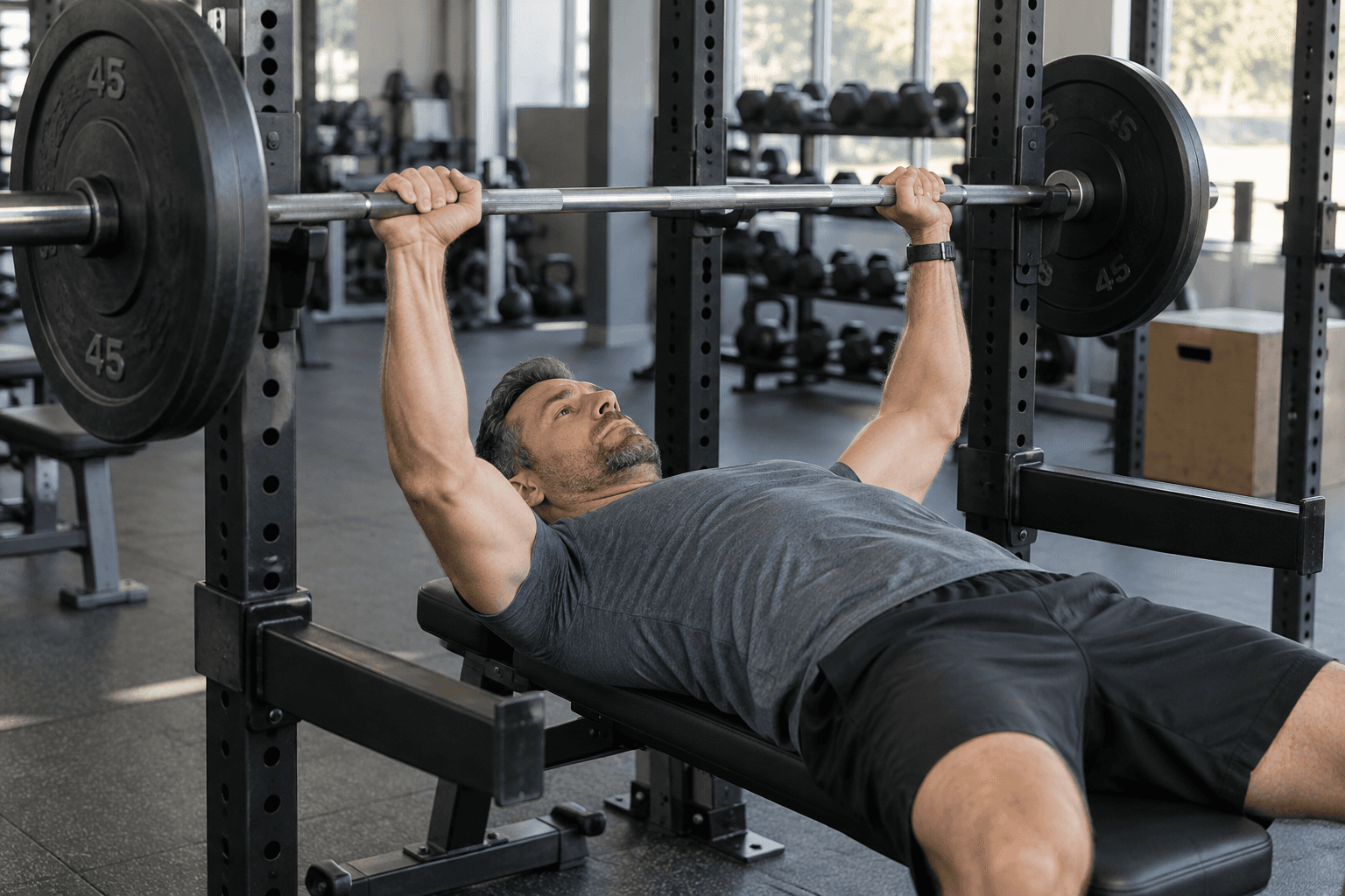 A man bench presses a barbell in a gym.