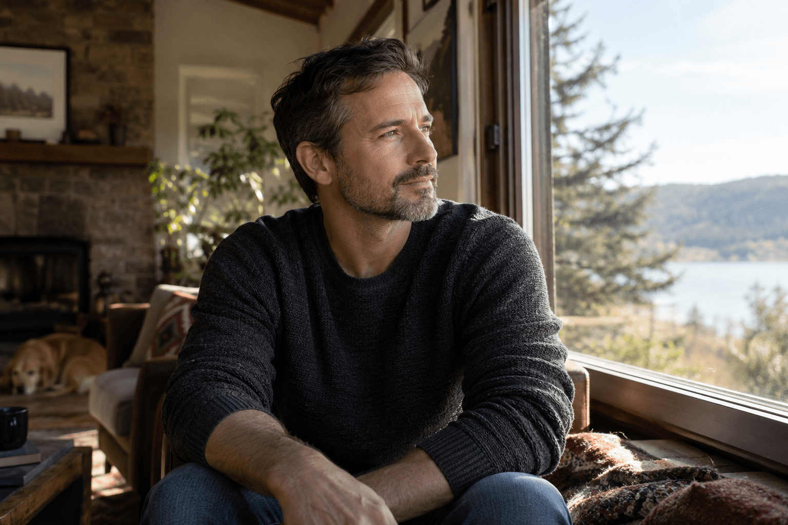 A man sits beside a window looking thoughtfully outside.