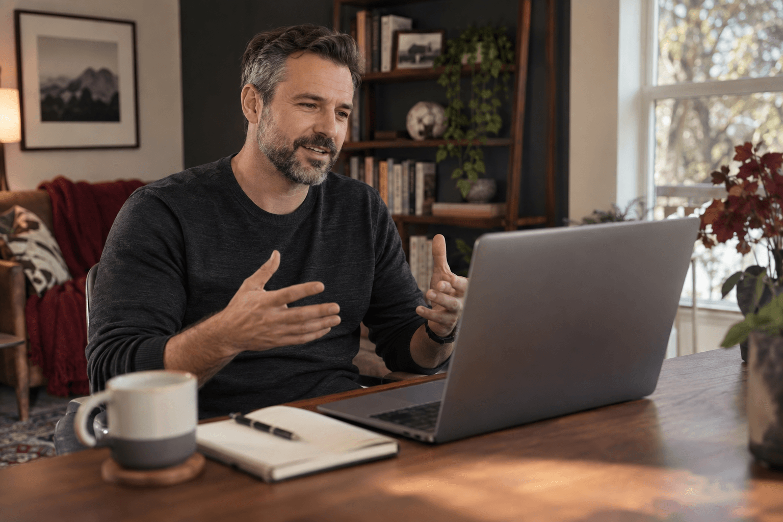 A man speaks during a video conversation at a desk in his home.