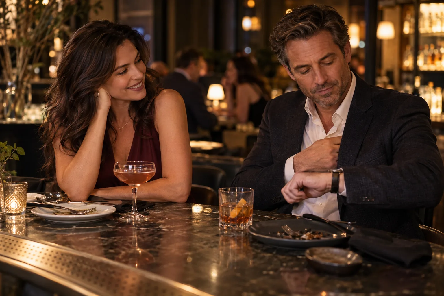 A couple at a restaurant bar late in the evening, the man glancing at his watch while his date smiles at him.