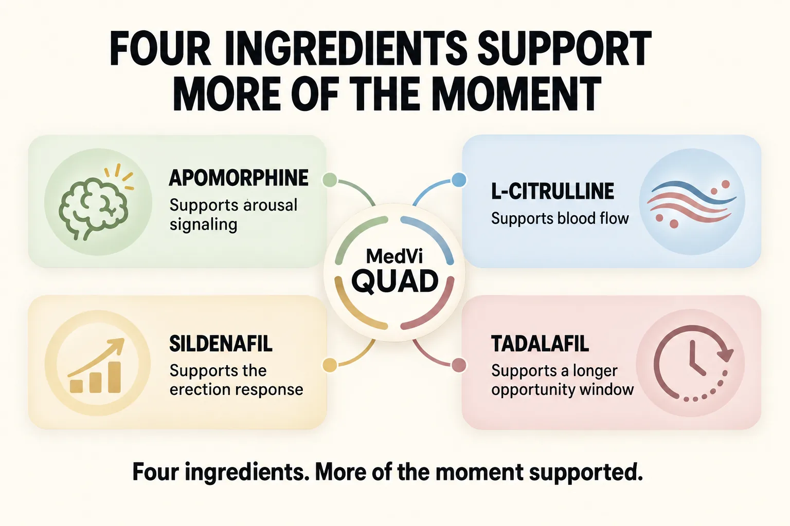 A diagram of the four MedVi QUAD ingredients and their intended jobs: apomorphine for arousal signaling, L-citrulline for blood flow, sildenafil for the erection response and tadalafil for a longer opportunity window.