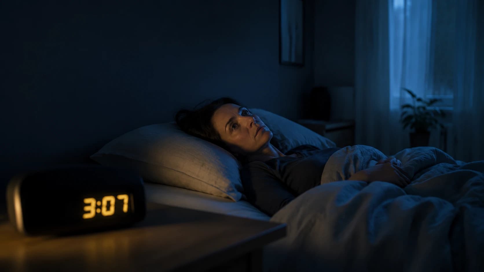 A person lying awake in bed in the dark, the bedside clock reading a little after three in the morning