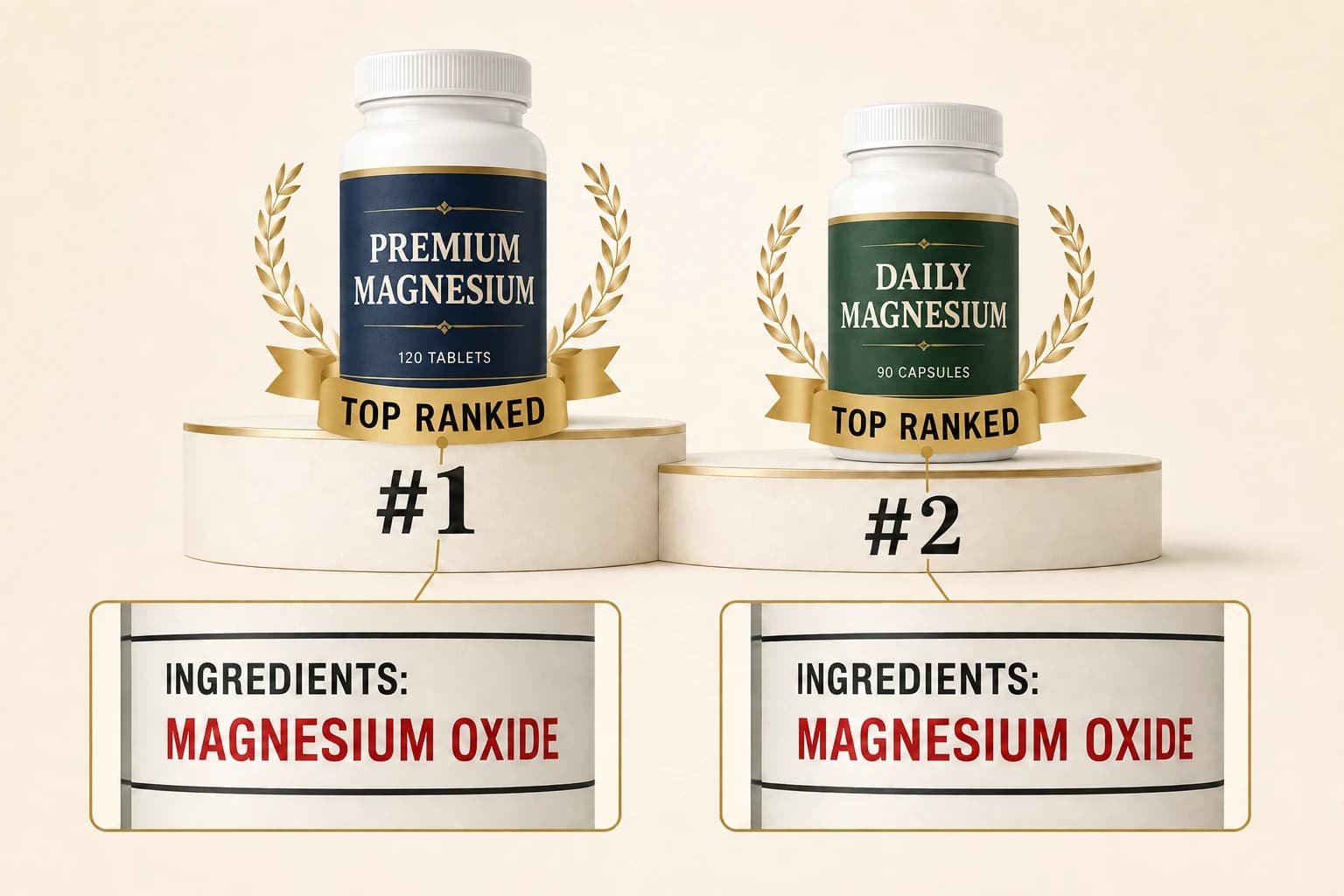 An editorial graphic of two unbranded top-ranked magnesium bottles on podiums, the ingredient line beneath each one reading magnesium oxide