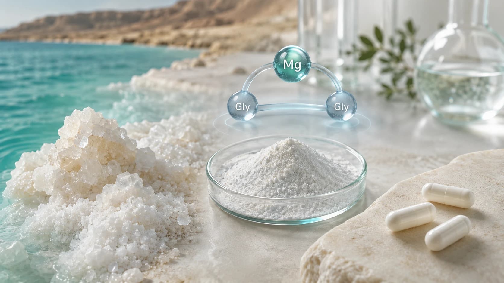 Dead Sea mineral salts at the water’s edge beside a dish of magnesium powder and capsules, with a diagram above showing magnesium bonded to two glycine molecules
