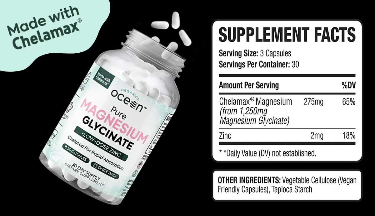 The Organics Ocean Supplement Facts panel beside the bottle, listing 275 mg of Chelamax magnesium from 1,250 mg of magnesium glycinate, and 2 mg of zinc, per three-capsule serving