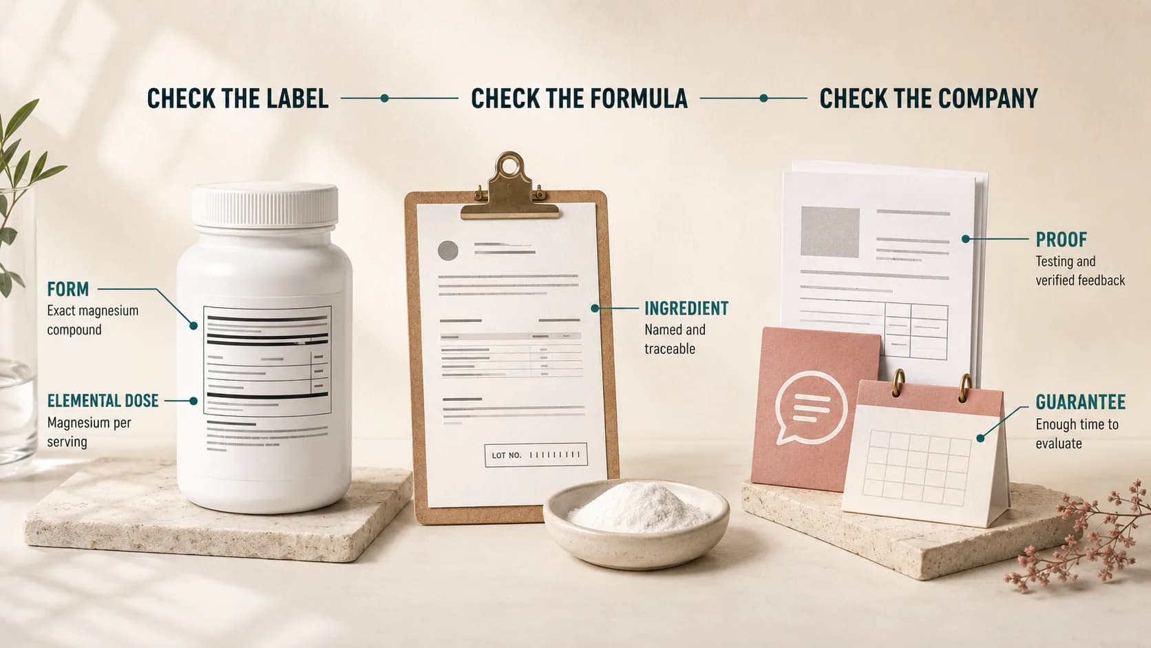 A graphic grouping the five checks under three headings: check the label, for the exact magnesium compound and the magnesium per serving; check the formula, for a named and traceable ingredient; and check the company, for testing and verified feedback and for enough time to evaluate
