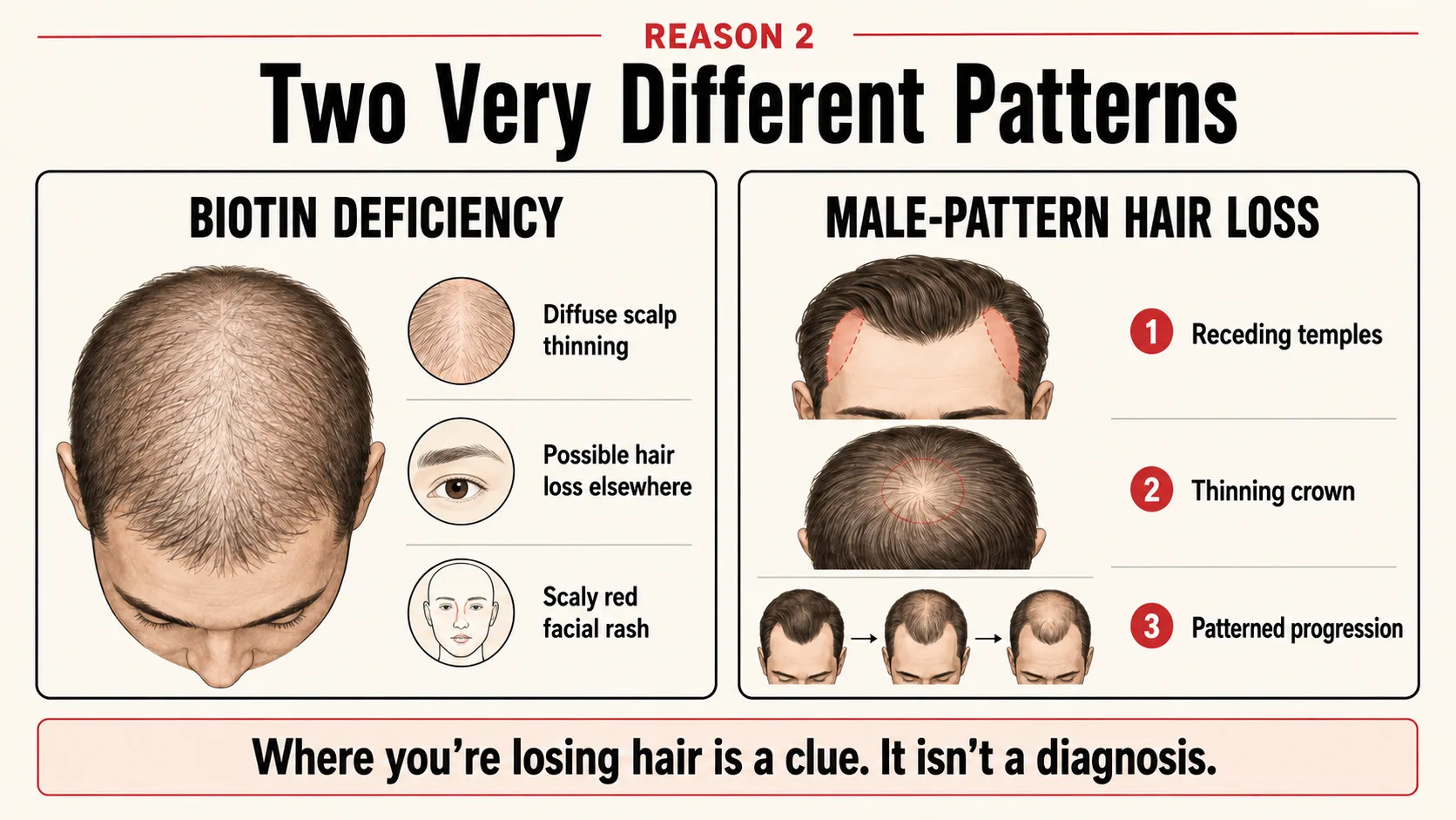 Comparison of diffuse biotin-deficiency hair loss with male-pattern thinning at the temples and crown.