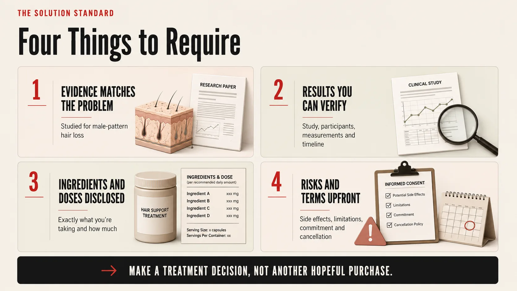 Four requirements for evaluating a male-pattern hair-loss treatment.