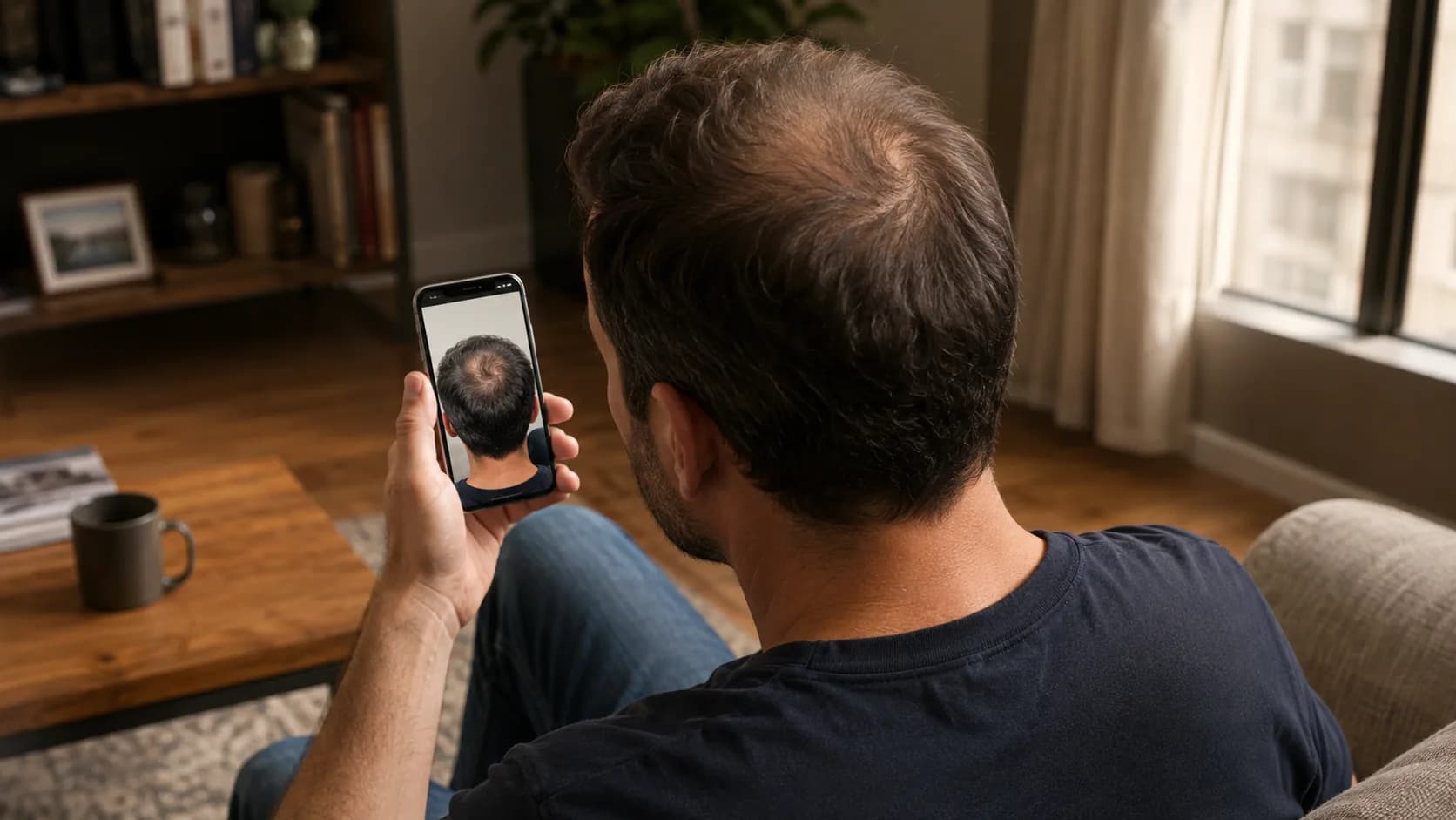 Man noticing thinning hair at his crown in a photograph.