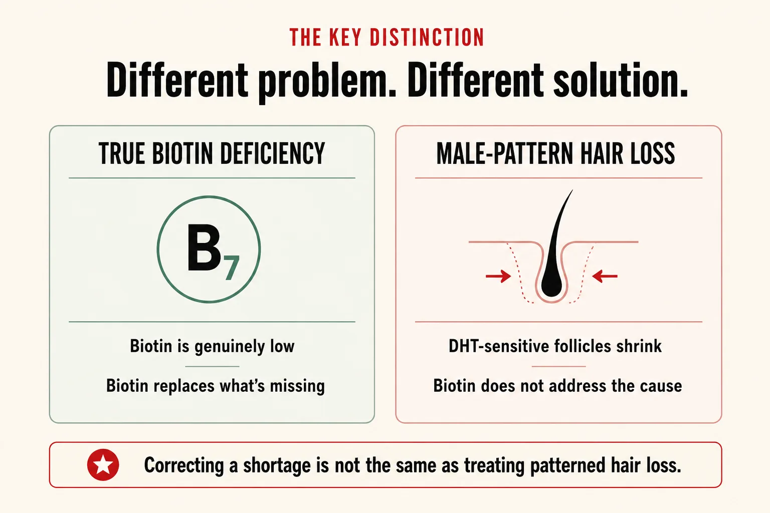 Comparison of biotin deficiency and male-pattern hair loss.
