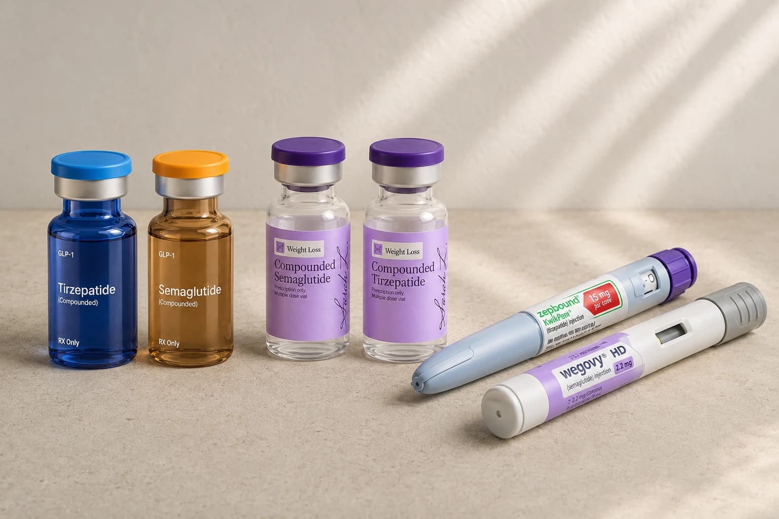 Compounded tirzepatide and semaglutide vials photographed beside two branded injector pens on a plain surface, at comparable scale