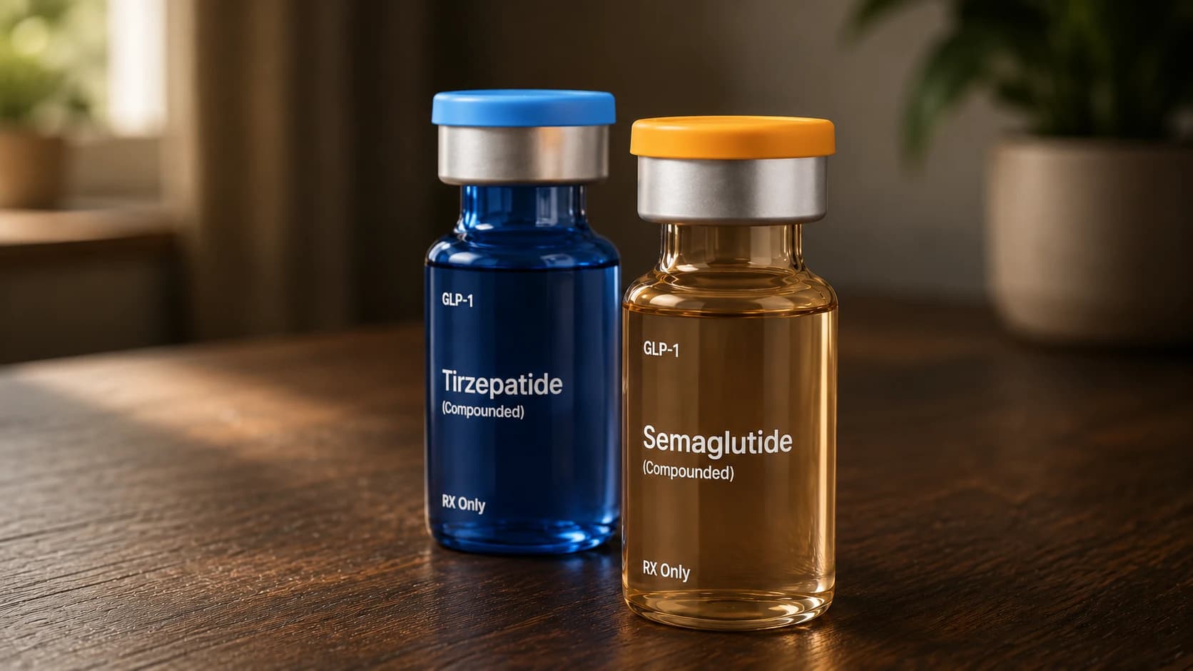 Compounded tirzepatide and semaglutide vials standing side by side on a dark wood table