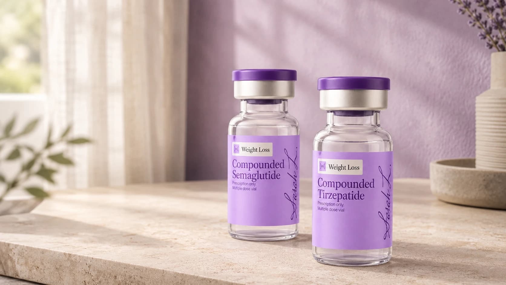 Two compounded semaglutide and tirzepatide vials on a pale stone ledge in daylight