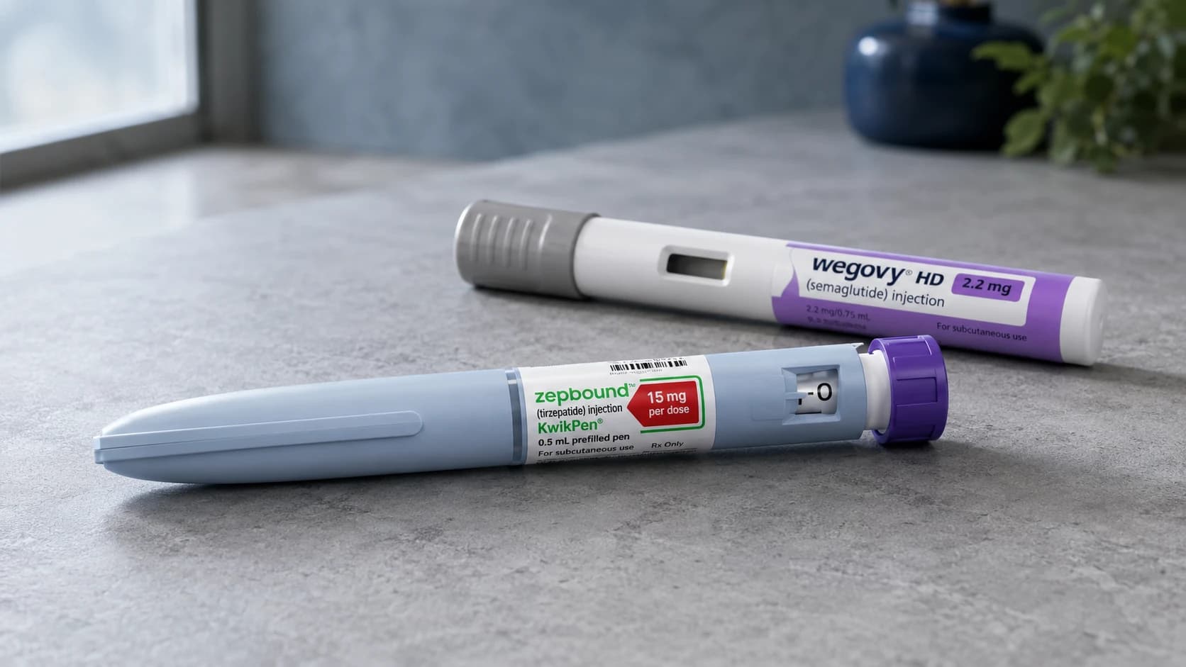 A Zepbound KwikPen and a Wegovy HD pen lying side by side on a grey stone counter
