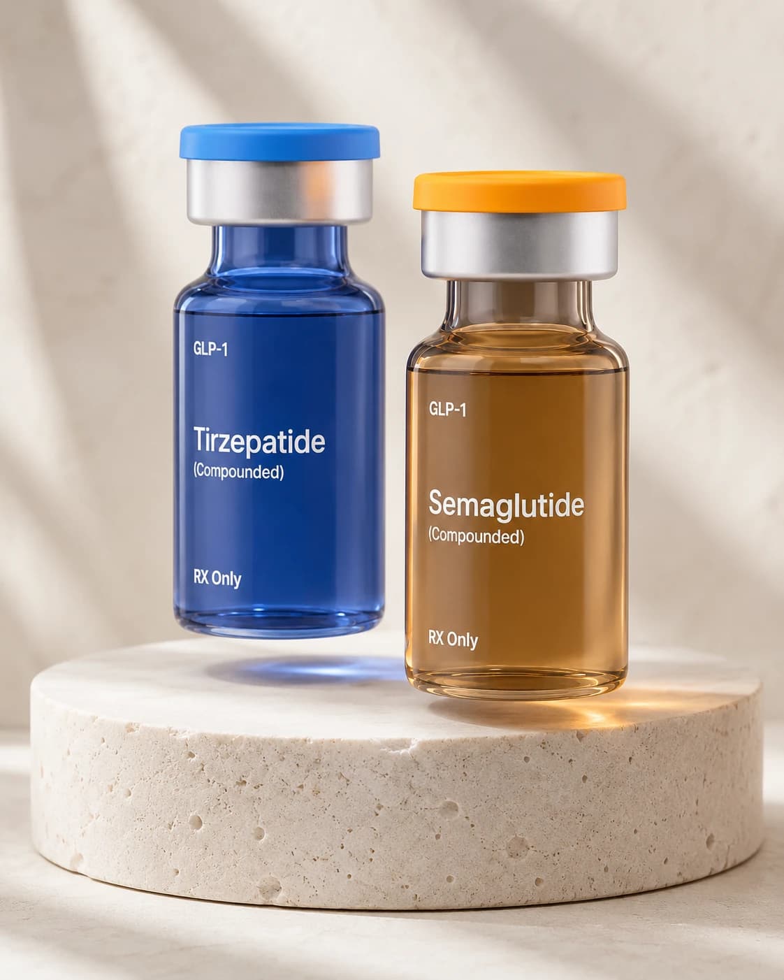 Compounded tirzepatide and semaglutide vials standing on a pale stone plinth