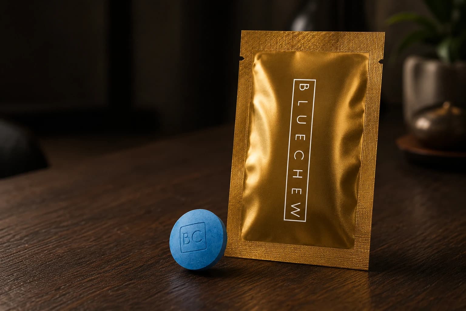 BlueChew Gold packaging and dissolving tablet